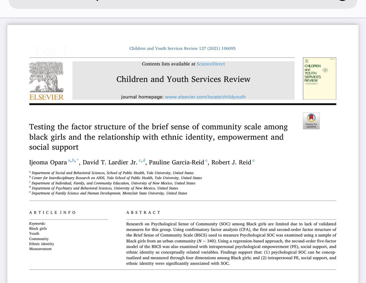 New publication alert! 🤓 my goal is to contribute to the literature on the strengths of Black girls and highlighting statistical measures to use for Black girls! 

Check out my article on using the Brief sense of the community scale with Black girls ✨ authors.elsevier.com/a/1dCXBhNfKroRr