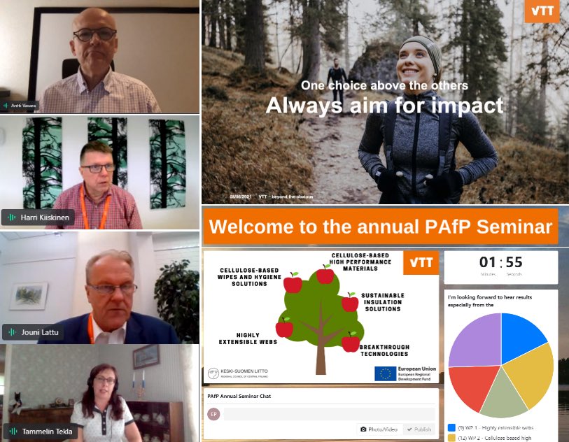 🌍 Piloting Alternatives for Plastics (PAfP) - ERDF project is having the first annual seminar online. As CEO <a href="/ahavasara/">Antti Vasara</a> said, this project is a great example of <a href="/VTTFinland/">VTT</a>’s projects that aims for #impact together with the 55 companies and <a href="/keskisuomenliit/">Keski-Suomen liitto</a>!