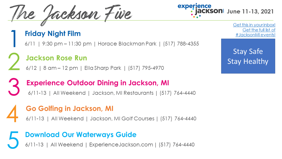 ExperienceJxn's tweet photo. Stay busy this weekend in #JacksonMI! It's #TheJacksonFive! Get it in your inbox every Tuesday! 😀
➡️ https://t.co/1TF4lauluf https://t.co/RsYWt1klj5