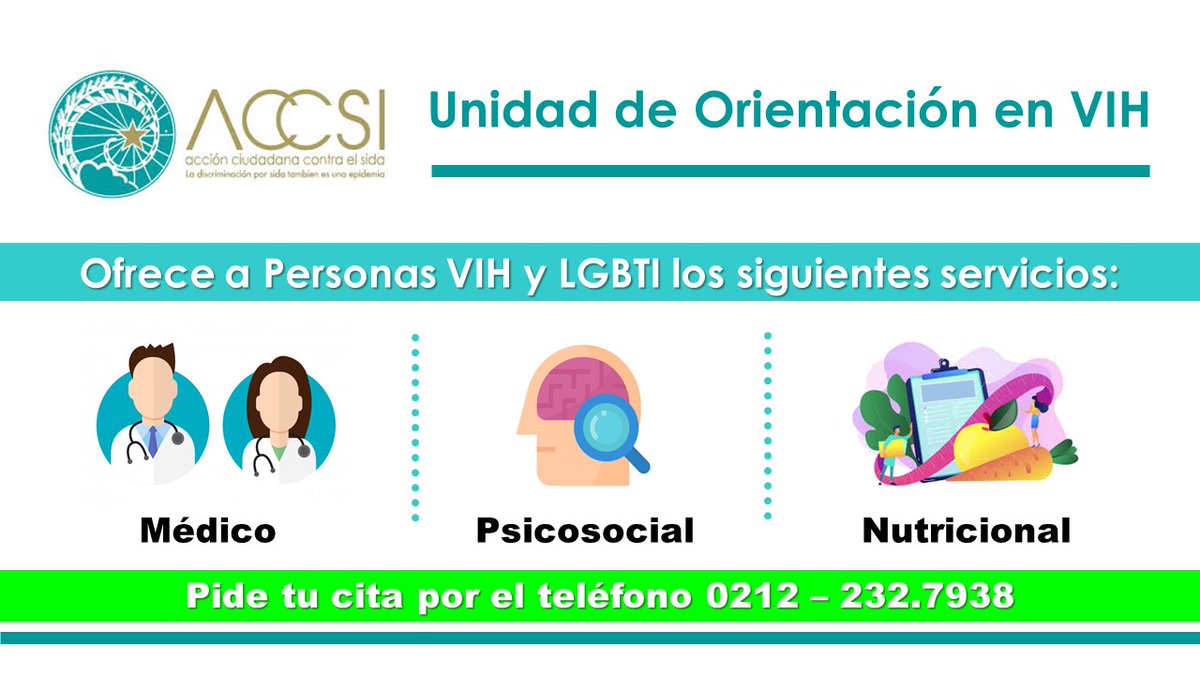 ACCSI_VIHSIDA's tweet photo. Personas con VIH y LGBTI del Área Metropolitana de Caracas cuentan con la Unidad de Orientación en áreas médica, psicosocial y nutricional, ofrecida por profesionales de la salud. Atención previa cita por telf. 0212-232.7938. https://t.co/RwtzA84MOo