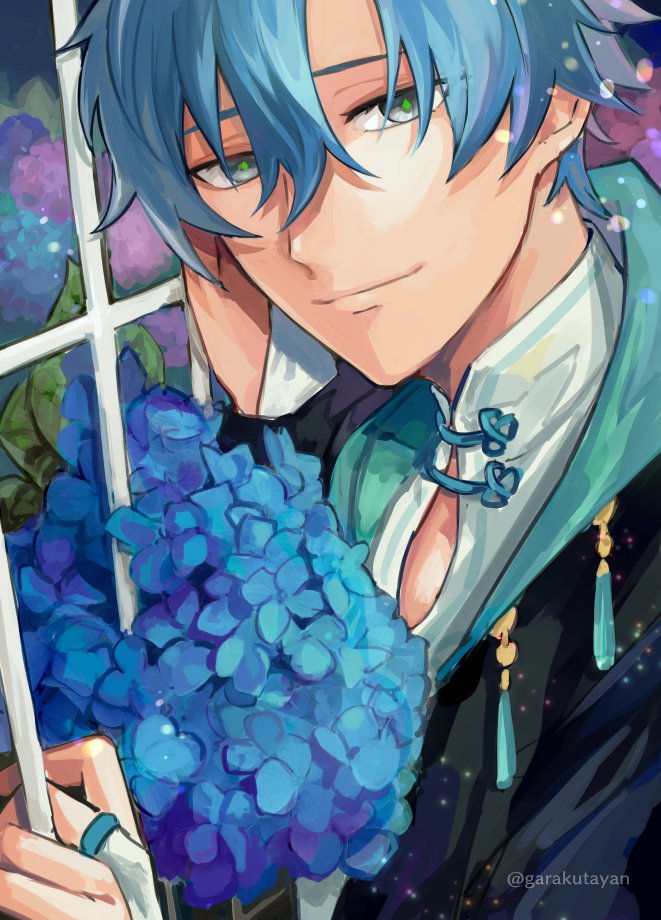 1boy male focus flower blue hair solo hydrangea smile  illustration images