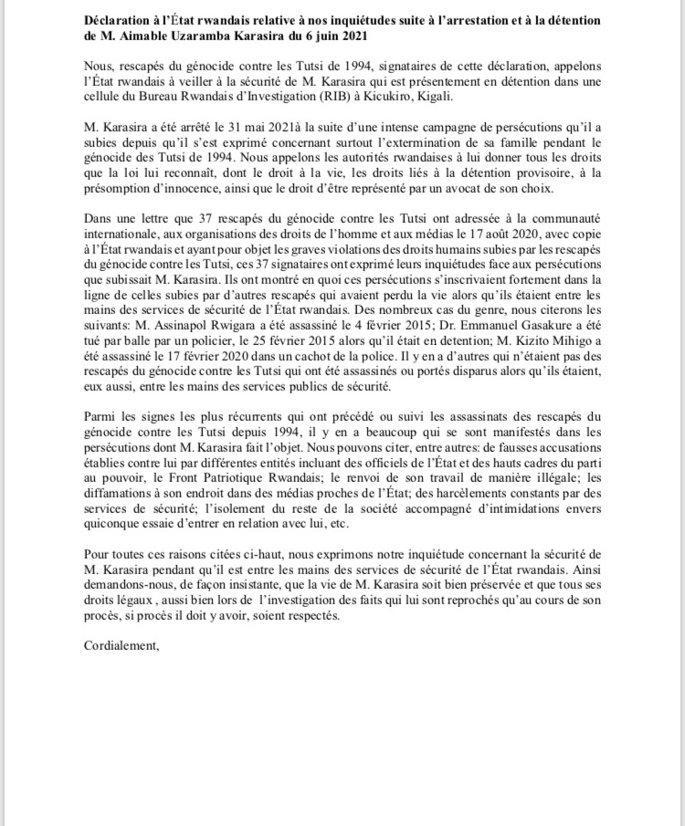 mulijeanclaude's tweet photo. 28 #rescapés du génocide perpétré contre les Tutsi #interpellent le régime du #FPR, en signant cette déclaration:
« #Déclaration à l’État rwandais relative à nos inquiétudes suite à l’arrestation et à la détention de Mr Aimable #Karasira Uzaramba du 6 juin 2021 » @GifrGroupe https://t.co/fj2hJnxao5