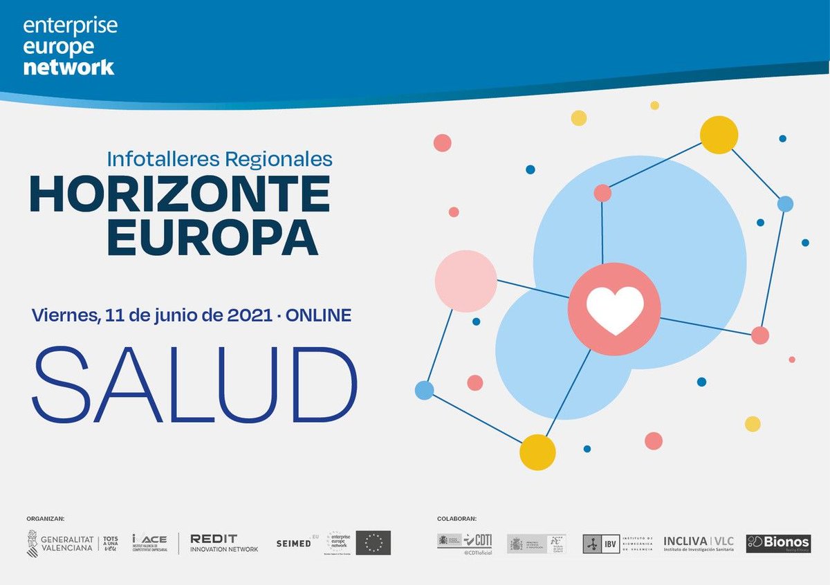 seimedcv's tweet image. 1️⃣1️⃣ junio
💻#INFOTALLER #HorizonteEuropa
CLÚSTER 1 “SALUD”
✅realiza preguntas a @CDTIoficial👉 bit.ly/34zWaWh
✅presenta tu proyecto para captar socios. Remite tu Pitch-Deck.
✅solicita revisión de propuestas. Envía FICHA.
👉 bit.ly/3yGROu7
@GVAivace @Redit_es