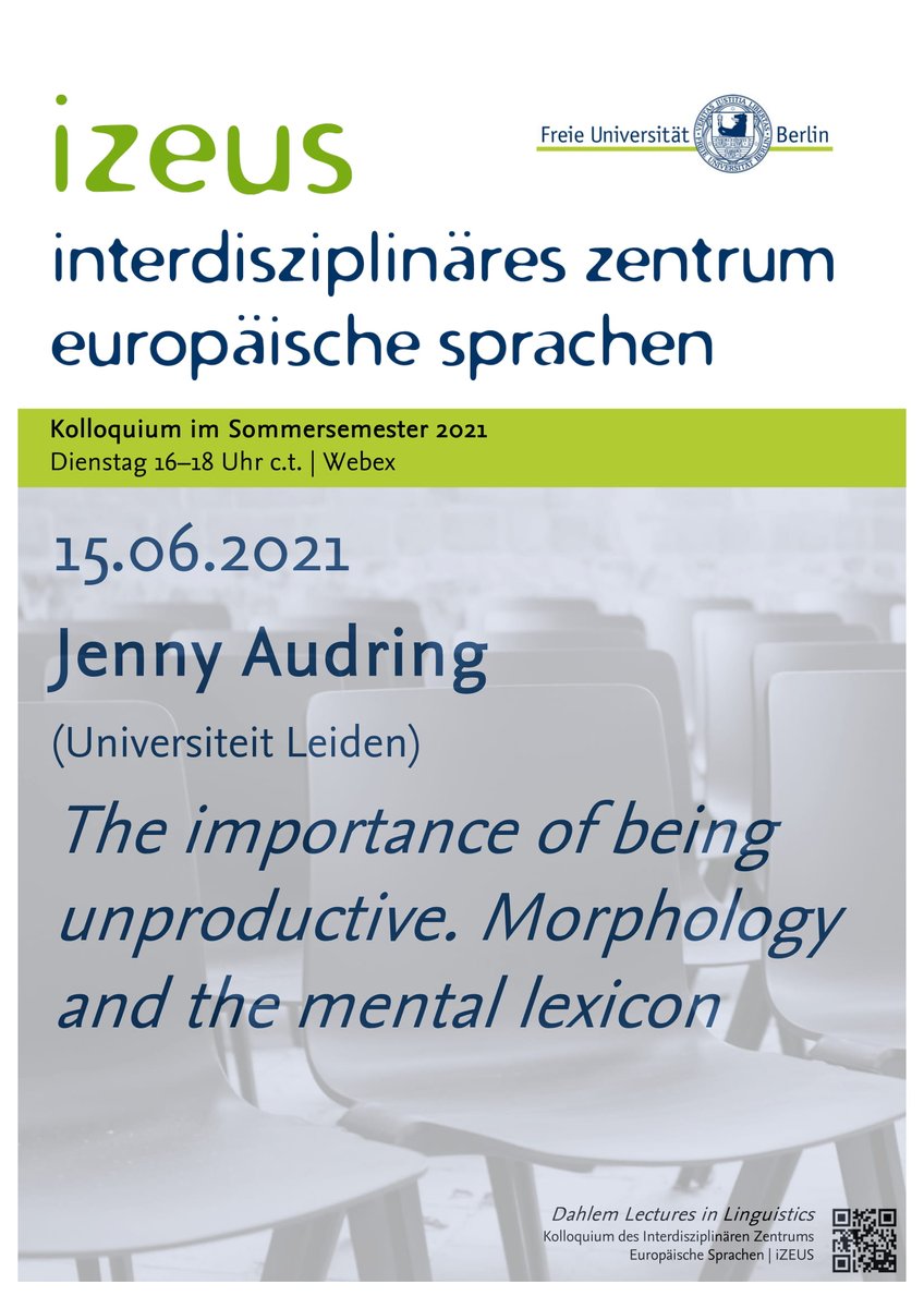 What can unproductive word formation patterns in German, English, and Dutch tell us about the lexicon, grammar, morphology, and phonology? Jenny Audring (<a href="/audringje/">Jenny.</a>, <a href="/UniLeiden/">Universiteit Leiden</a>) will tell us in her Dahlem Lecture!

All details: bit.ly/DLL_summer_21
#DahlemLecturesInLinguistics