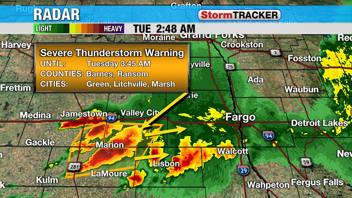 New severe T-storm warning for a storm located 18 miles south of Valley City. This storm is moving east at 15 mph. Main threats are large hail up to 1.5", lightning, and wind up to 60 mph.