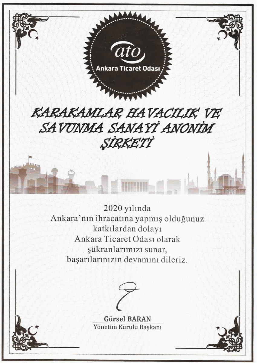 karakamlar's tweet photo. 📌 Geçtiğimiz yıl, @Karakamlar olarak Uzak Doğudan, ABD'ye dünyanın çeşitli hava kuvvetleri ve havacılık savunma şirketlerine gerçekleştirdiğimiz ihracatlar sonucunda @ATOkurumsal  tarafından teşekkür belgesine layık görüldük.

#ato #ihracat #ankaraticaretodası https://t.co/OIE1Qptx5a