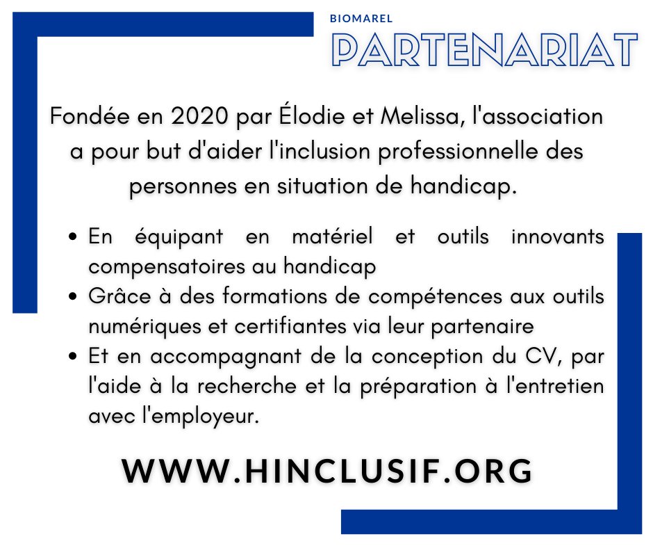 [𝐏𝐫é𝐬𝐞𝐧𝐭𝐚𝐭𝐢𝐨𝐧 #𝐏𝐚𝐫𝐭𝐞𝐧𝐚𝐫𝐢𝐚𝐭] <a href="/hinclusif/">Hinclusif</a>
L'#association a pour but d'aider l'#inclusion professionnelle des personnes en situation de #handicap. Ses missions : équiper, former et accompagner vers l'emploi.
➡️ hinclusif.org
#PDJ #BiomarelXHINCLUSIF