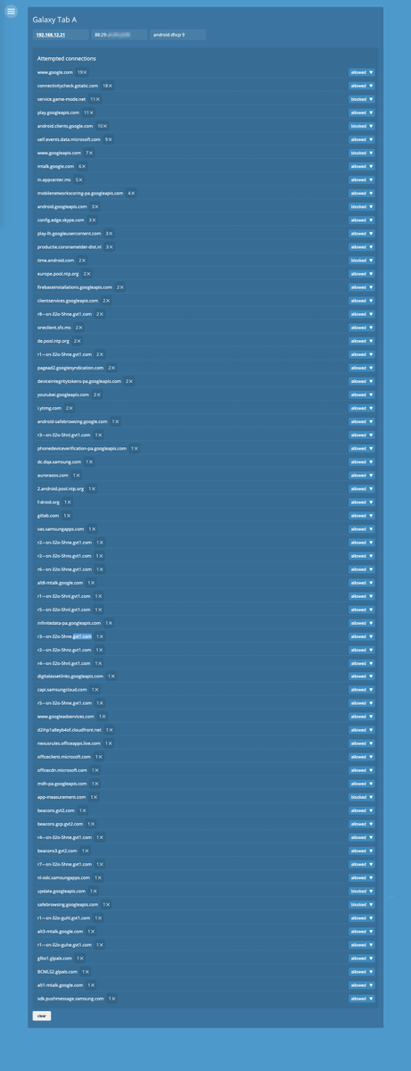 tijmenschep's tweet photo. It's crazy to see how many #cloud services a normal #Android tablet (#Samsung Galaxy Tab A) connects to.. while I'm literally not even using it.
Of course #Google is connected to the most...
#candlesmarthome #dnsmasq #privacy @sidnfonds #webthings https://t.co/iHjJo5mnfU
