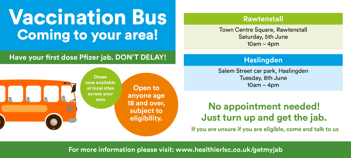 RossendaleBC's tweet photo. Get down to Haslingden- Salem Street car park before 4pm today and get your first dose of the Pfizer jab! 

Open to anyone age 18 and over, come and talk to us and check if you’re eligible! 💉 https://t.co/R5YnQUah2i