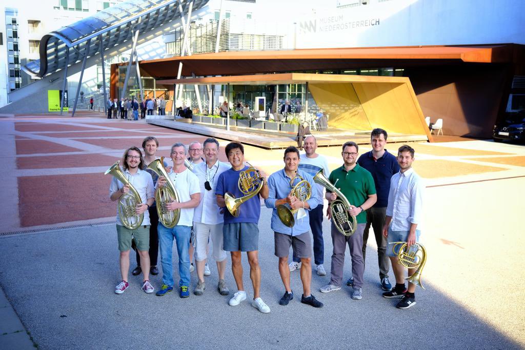 Tonkuenstler's tweet photo. This is called #HornPower! Our whole horn group from #RichardStrauss´ #Alpensinfonie joined by our beloved Music Director @yutakaSADO_news yesterday before the concert started @FESTSPIELHAUSat #StPölten – what a great season final ⛰☀️ https://t.co/uscoeOBkJk