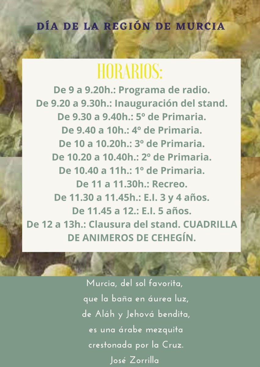 ¡Todo preparado para celebrar el Día de la Región de Murcia! 

📻 Programa de radio

🍋 Stand de la Región de la Murcia

🎼 Actuación de los Animeros de Cehegín y bailes tradicionales

Un día para conocer y disfrutar de las tradiciones de nuestra Región.

#DíaDeLaRegión #Murcia