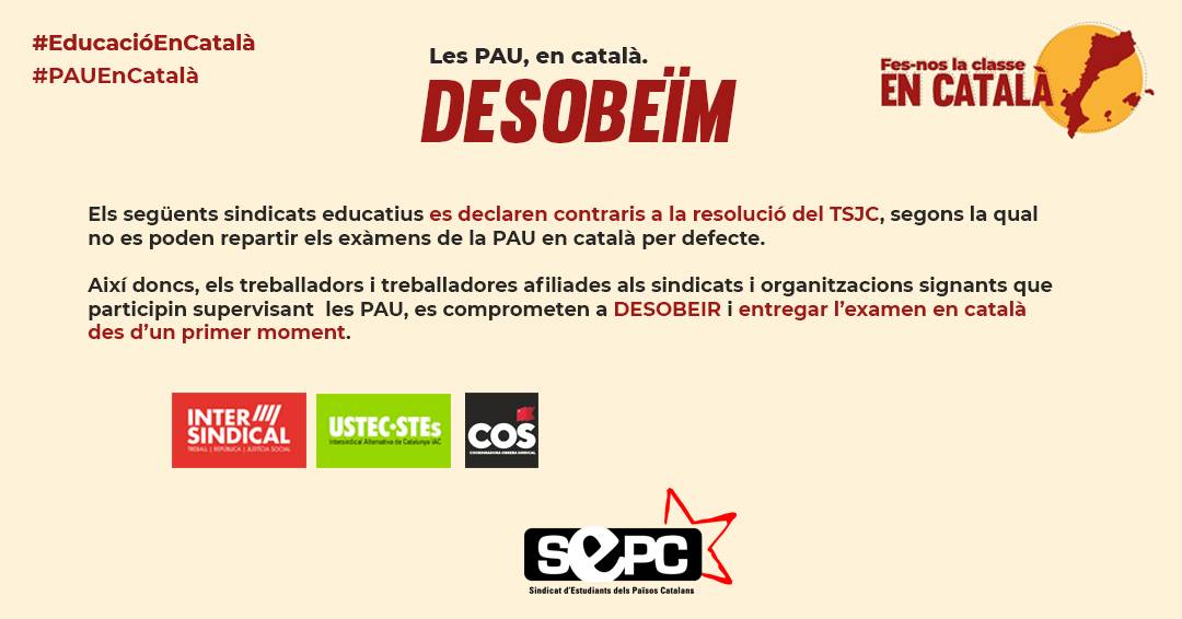 🔴 #PAUEnCatalà estudiants i professorat ens unim per fer front al enèsim atac a la llengua catalana!
✊ Rebutgem la resolució del TSJC, Desobeïm!