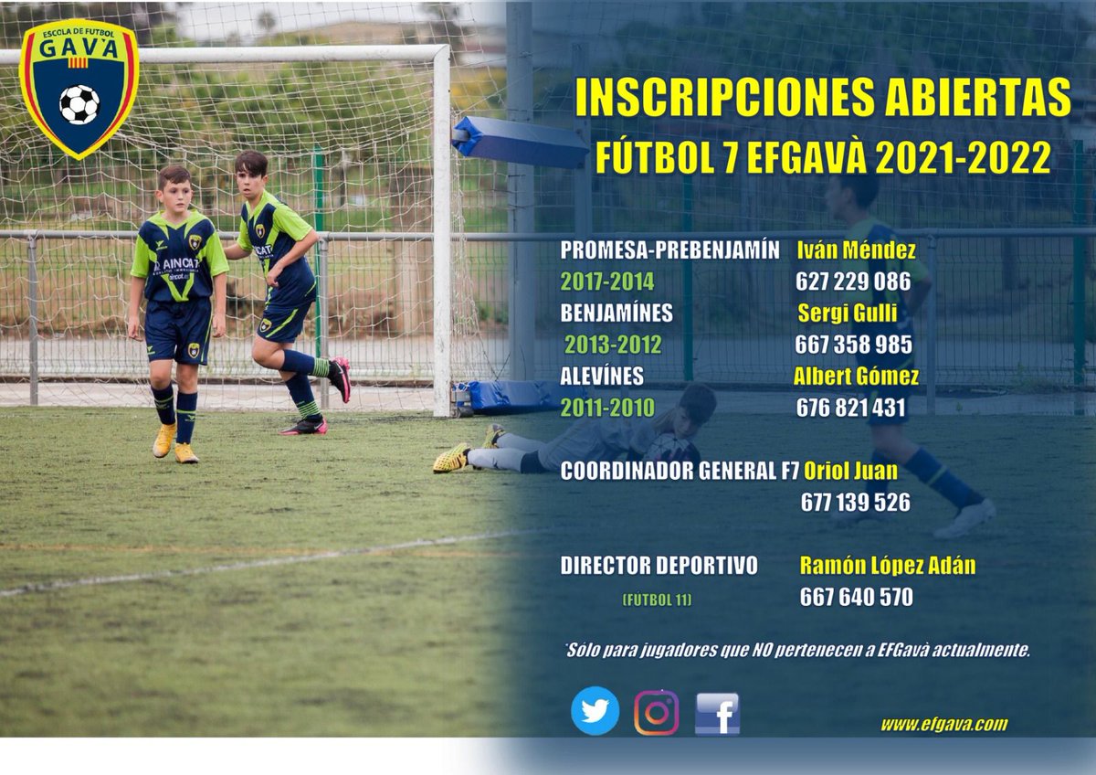 🔵🔵CLUB <a href="/EFGava/">Escola Futbol Gavà</a> 
💚💙TEMPORADA 21-22

T'agrada el futbol i vols formar part de l' <a href="/EFGava/">Escola Futbol Gavà</a> la temporada 21-22? 

Futbol 7
Contacta amb els coordinadors d'etapa perquè t'informin

Futbol 11
Contacta directament amb el Director Esportiu Ramón López Adán

💙💚⚽

#EFGavà #SomEFG