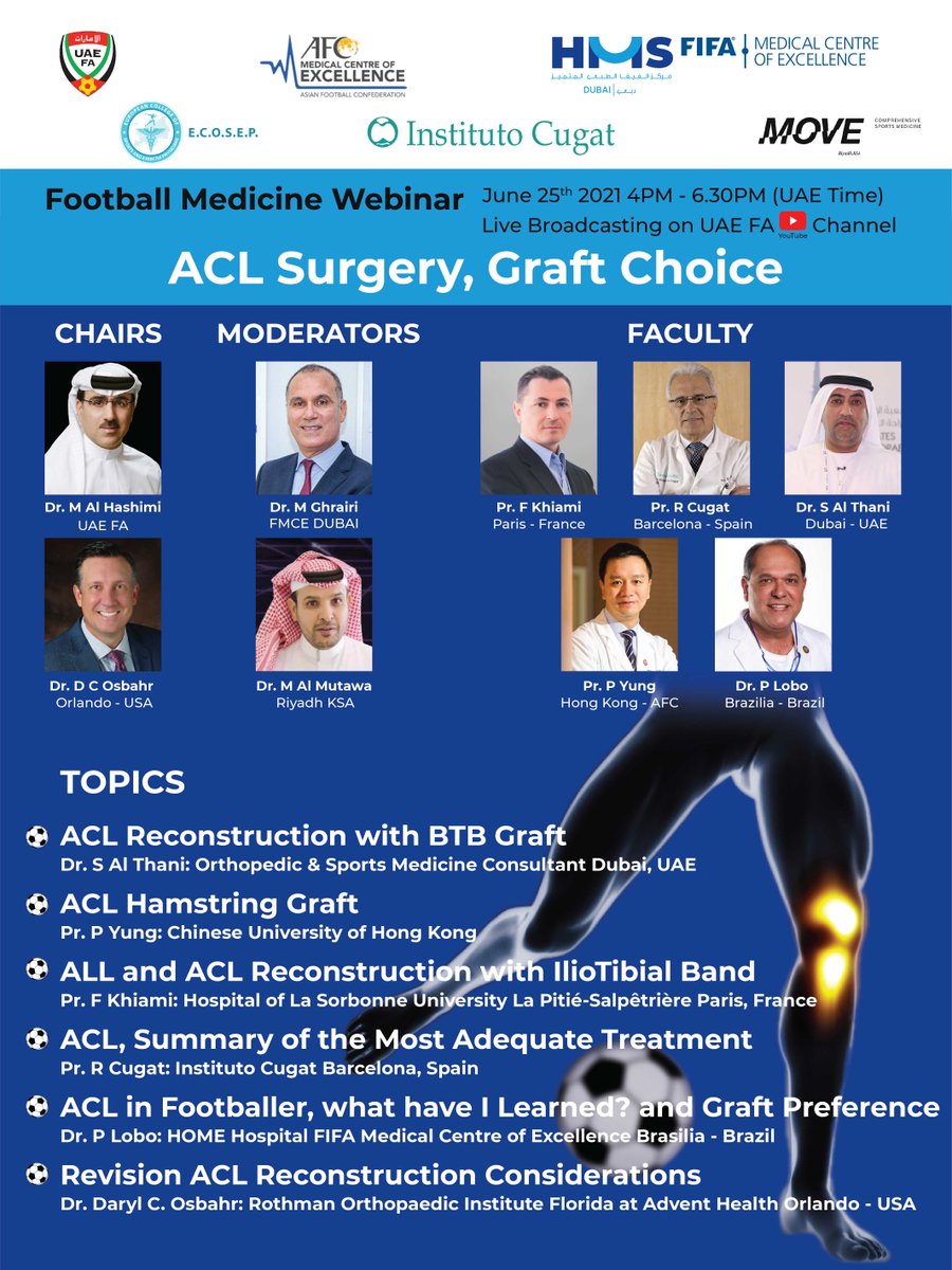 FIFAMedical's tweet photo. Webinar alert - our #FMCE in Dubai together with @uaefa_ae are hosting a webinar on 25 June on the topic of ACL Surgery in Football Medicine – to watch tune in to the UAE Football Association You Tube channel https://t.co/K8hdaMu8kn