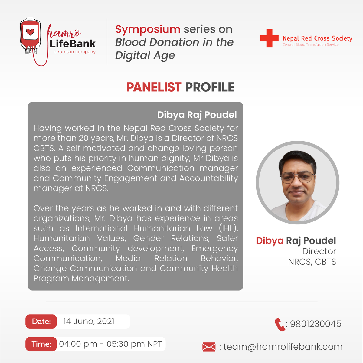 HamroLifebank's tweet photo. Introducing our panelist @DibyaRajPoudel for Symposium series on Blood Donation in the Digital Age.
#onlinesymposium #panelistprofile #hamrolifebank #nepalredcrosssociety https://t.co/U92Is5WSFX