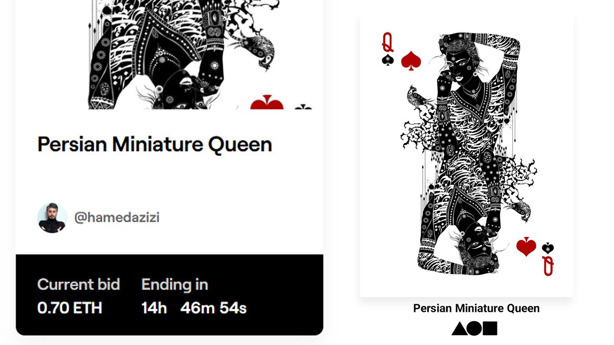 Hamedaziziart's tweet photo. https://t.co/SeHKdzNmSF
Persian Miniature Queen Are in Auction! @withFND
THANK YOU @mondoir β€οΈ
#nftartist #nftart #nftcollectors #NFTcomunity #nftcollector #NFT #NFTdrop #cryptoart #cryptoartist
#nftartist #foundition #nft #cryptoart #Crypto #art #NFTcollection https://t.co/KQPxmEYTcb