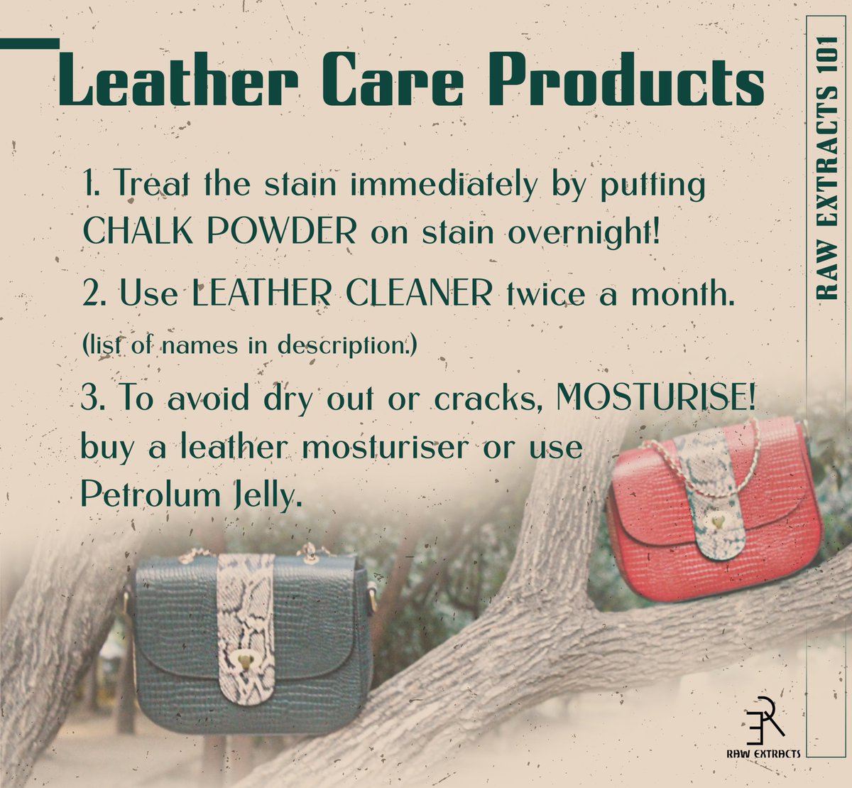 RawExtracts's tweet photo. Let's know what to use in order to take care of our precious leather bag!
The leather care products!
#leather #leathercare #takecare #etsy #etsyhandmade 
#rawextracts #leatherproducts #madeinindia https://t.co/86oRdLrlb7