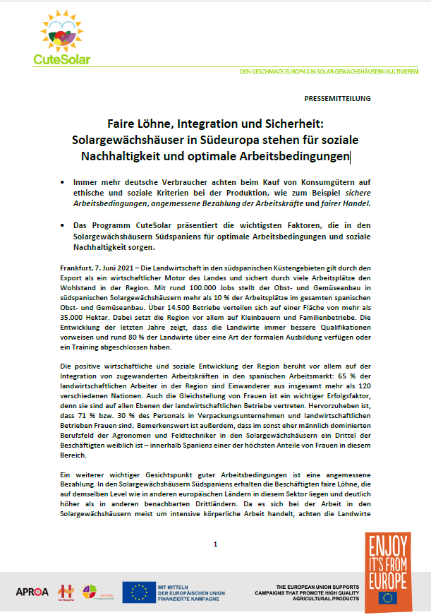 FruitvegEUROPE's tweet photo. 📢🌞🌞@Cutesolar_eu: Faire Löhne, Integration & Sicherheit: Solargewächshäuser in Südeuropa stehen für soziale Nachhaltigkeit & optimale Arbeitsbedingungen.
✅Das Programm #CuteSolar präsentiert die wichtigsten Faktoren, die in den Solargewächshäusern Südspaniens.
#EUAgripromo https://t.co/KtM9YyIuDT