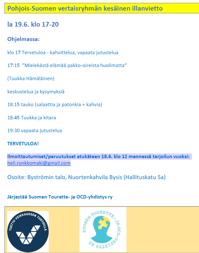 STOySuomi's tweet photo. Oulussa järjestetään la 19.6. klo 17-20 vertaisryhmän kesäinen illanvietto, jossa on mukana KAT-puheenvuoro, keskustelua, syömistä ja musiikkiohjemaa yhdistyksen omalta trubaduurilta (@tuukkalainen) :)

Ilmoittautumiset etukäteen 18.6. klo 12 mennessä: heli.ronkkomaki@gmail.com https://t.co/QzKkxW4fNv