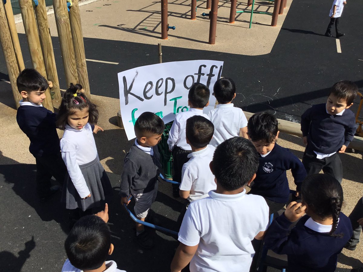 Primary_StJohns's tweet photo. What on Earth?! We arrived to school this morning to find these signs. We had better not walk on that bridge today. Have you seen the Troll anywhere? #nursery #hookforlearning https://t.co/lYjcY7zTp9