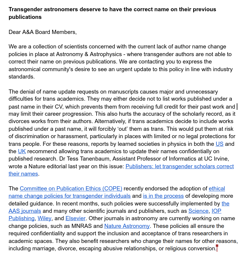 emilydoesastro's tweet photo. We just sent an open letter to Astronomy &amp; Astrophysics' Board of Directors about their lack of name change policy for trans academics. https://t.co/2EpfOdo3es