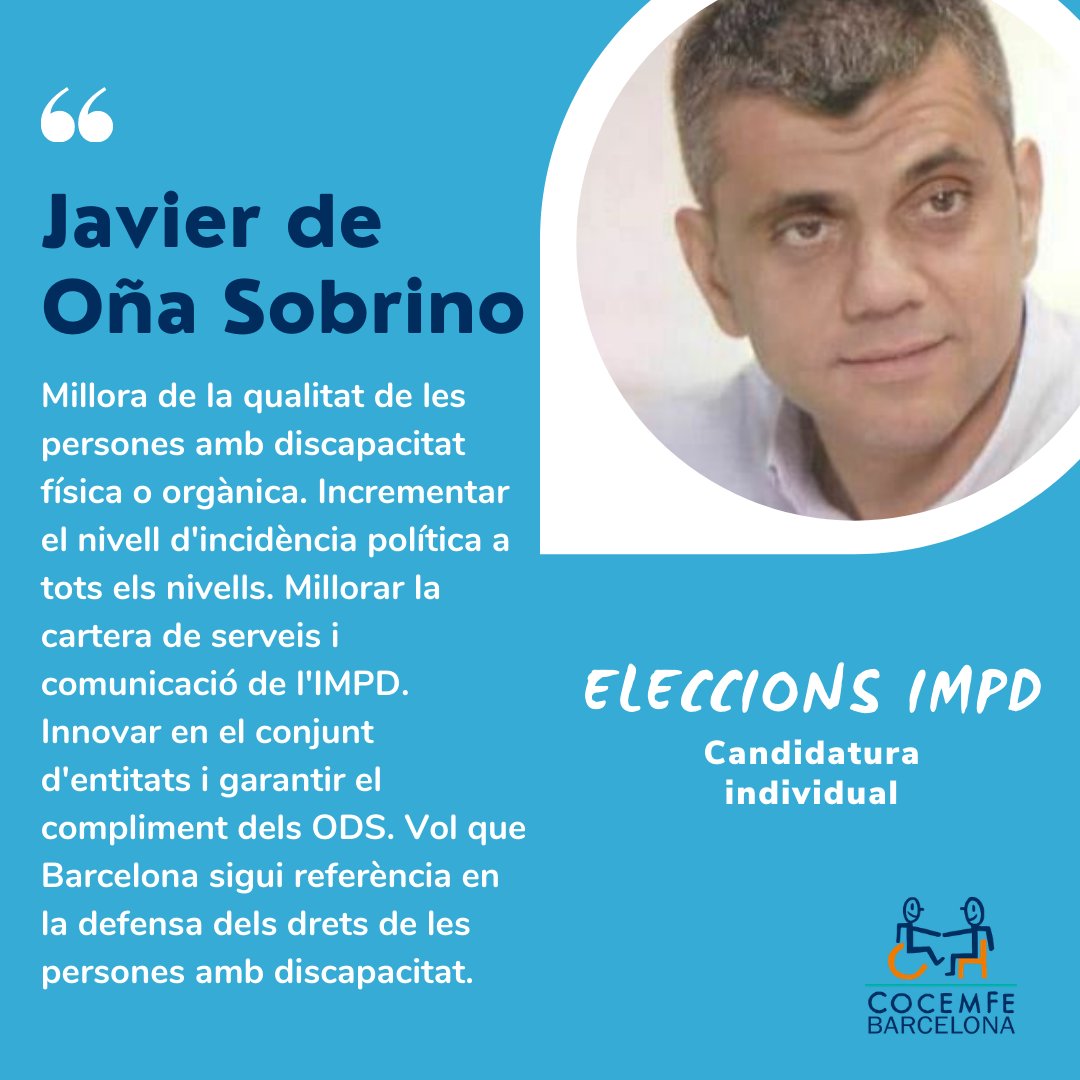 🔵Dels 4 candidats a les eleccions de l'#IMPD, el <a href="/javierdeona/">Javier de Oña</a> és qui es presenta amb la seva #candidatura individual. Vols saber les seves propostes? Llegeix-les i #vota!

🔗👉 impd.decidim.barcelona/processes/elec…

#Eleccions #InstitutDiscapacitat #Discapacitat #Cocemfe <a href="/DKVIntegralia/">Fund_DKVIntegralia</a>