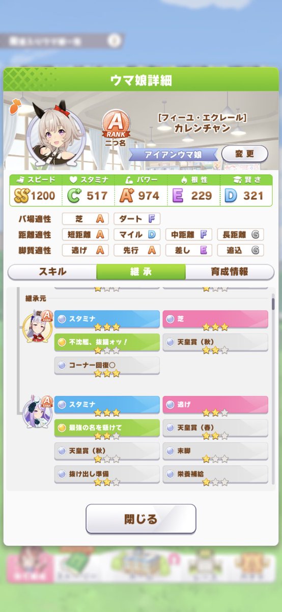 ダチヒロ 代表ウマ娘 カレンチャン 青因子9 パワー3 スタミナ6 赤因子 逃げ4 芝3 逃げ適正c Aに初手で上げられます サポカはイベスペ完凸 Id