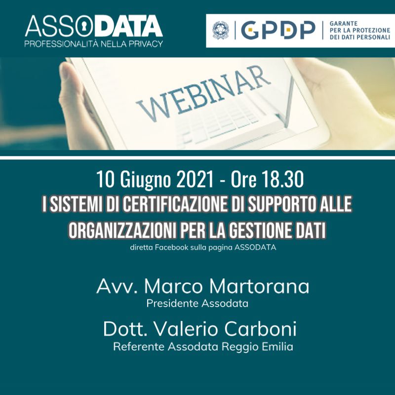 Assodata1's tweet photo. 🔵I SISTEMI DI CERTIFICAZIONE DI SUPPORTO ALLE ORGANIZZAZIONI PER LA GESTIONE DATI
Relatori dell’incontro il dott. Valerio Carboni. Introdurrà il webinar il presidente di Assodata, l’avvocato Marco Martorana
📝 10 GIUGNO 2021 dalle 18.30 alle 19.30
Info➡️ https://t.co/5ByIQTirDS https://t.co/MtzLICpxus