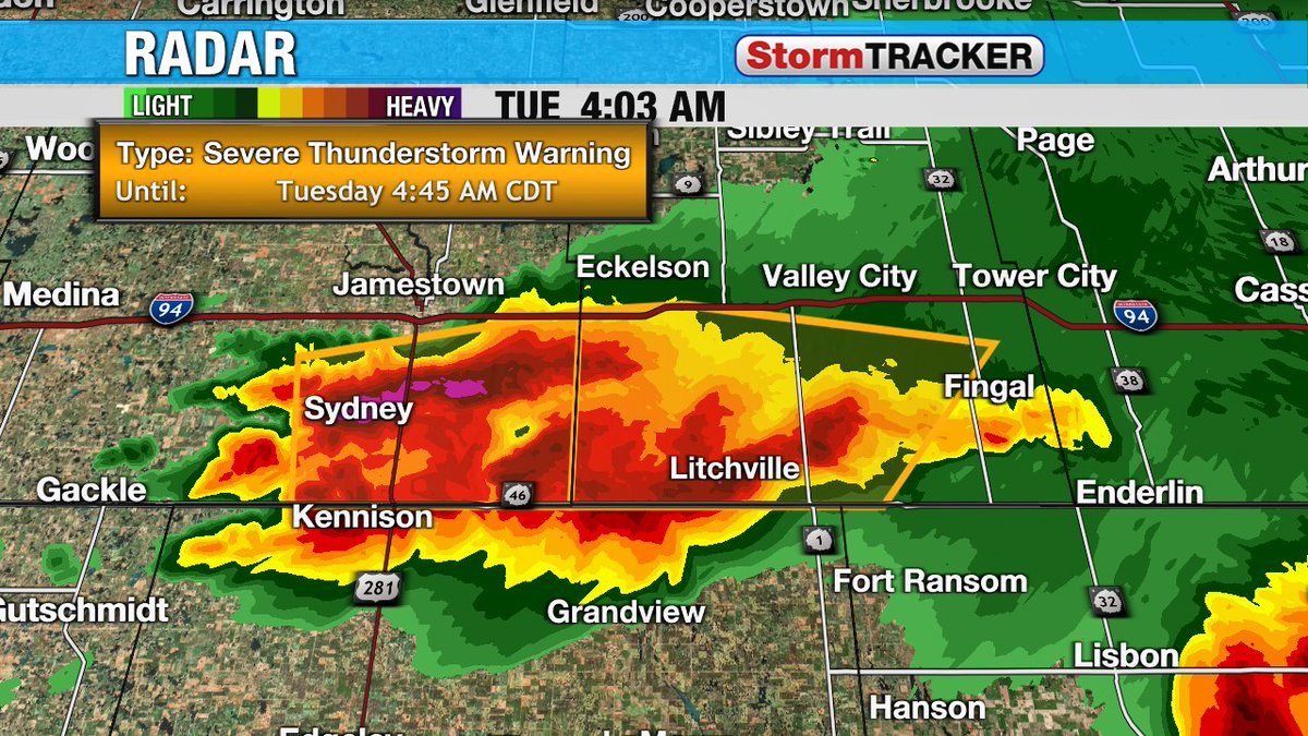 A strong cluster of storms south of Jamestown and south of Valley City has been producing large hail and heavy rain early this Tuesday morning. We've had reports come in of baseball sized hail near Litchville, ND.  #NDwx