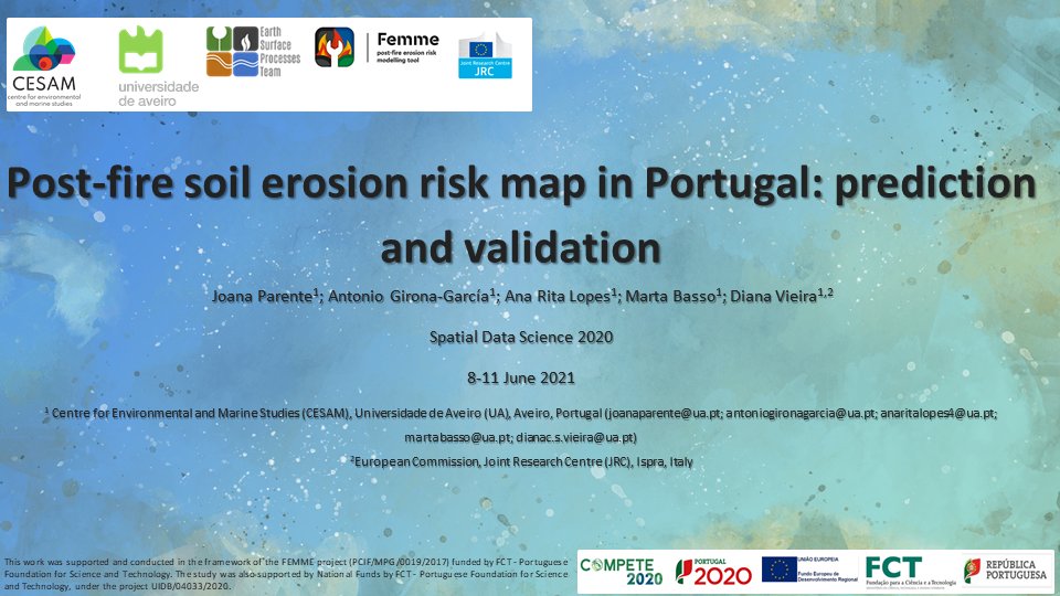 Our colleague Joana Parente will present "#Post-#fire #soil #erosion #risk map in #Portugal: prediction and validation"  on the 11 of June at 13:45 <a href="/SDSMeeting2020/">SDSMeeting</a> . More info in: wp.unil.ch/sds2020/

#SDS2020 #Spatial #DataScience