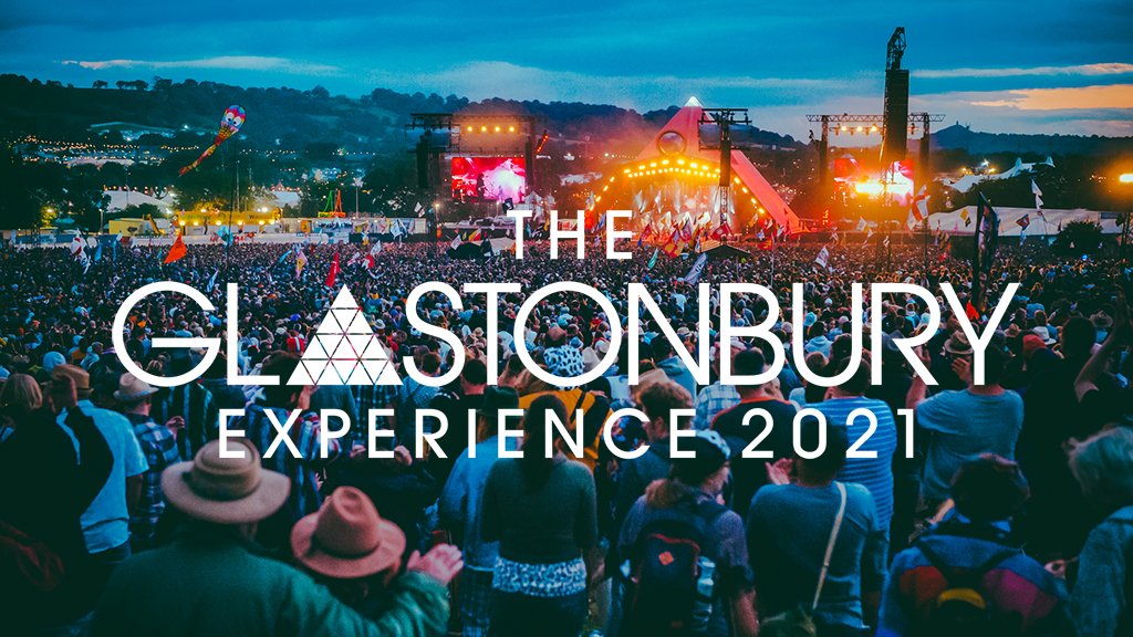 Image of a crowd of people in front of the Pyramid Stage with text that says The Glastonbury Experience 2021