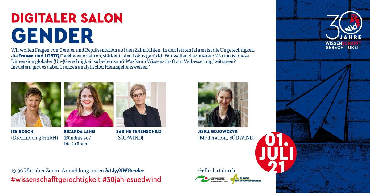 Was für ein guter Tag, um zu betonen, dass ich mich sehr auf die Diskussion mit #RicardaLang, Ise Bosch (<a href="/dreilindenorg/">Dreilinden</a>) und Sabine Ferenschild freue! Es geht um weltweite (Un)Gerechtigkeit, Gender und Wissenschaft. Wie passend. x.com/Suedwind_eV/st…