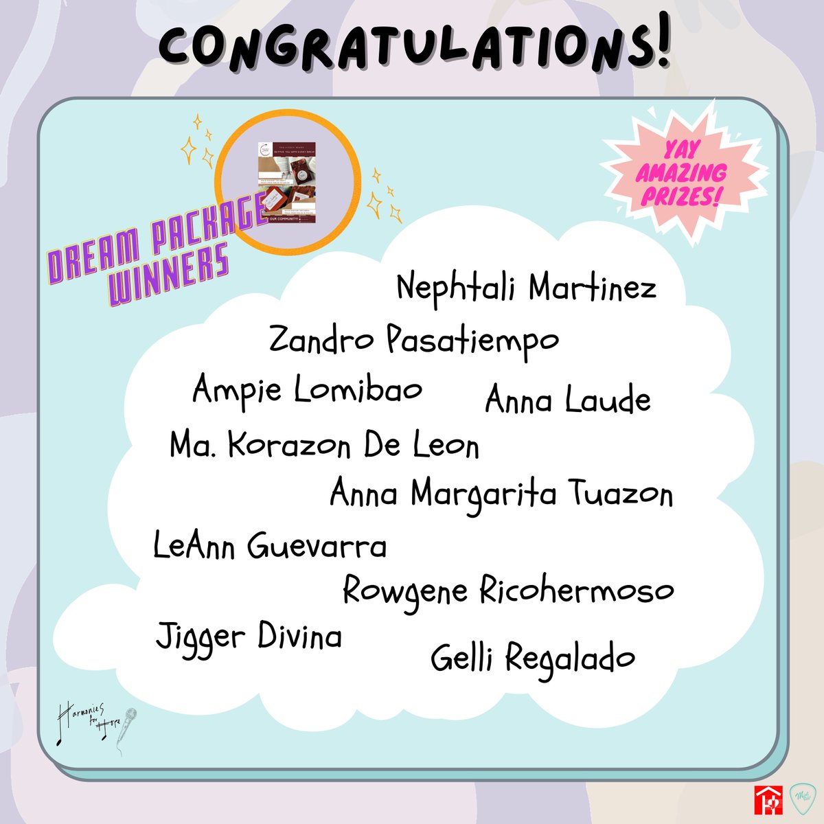 MINTRiffs's tweet photo. Announcement! ✨

Here are you Dream Package Winners, Congratulations! 

Watch out as we will be messaging you via email/messenger/text message regarding the shipping of the prizes, thank you! ❤️✨

#HARMONIESFORHOPE
#MINTRiffsConcert2021
#MINTRiffs https://t.co/6NS6oakGrv