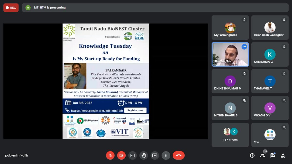 htic_s's tweet photo. Mr. Balram Nair shared his Knowledge on "Is My Start-up Ready for Funding" in today's Tamil Nadu BioNEST Cluster's #KnowledgeTuesdaySession on google meet.

@IITMIC @iitmadras @RTBI @iitm_respark @MSH_MeitY @SRMC_official @TANUVAS_Tweets @IITMBio @iitmadras @RTBI @iitm_respark https://t.co/1jnKDZoEqt