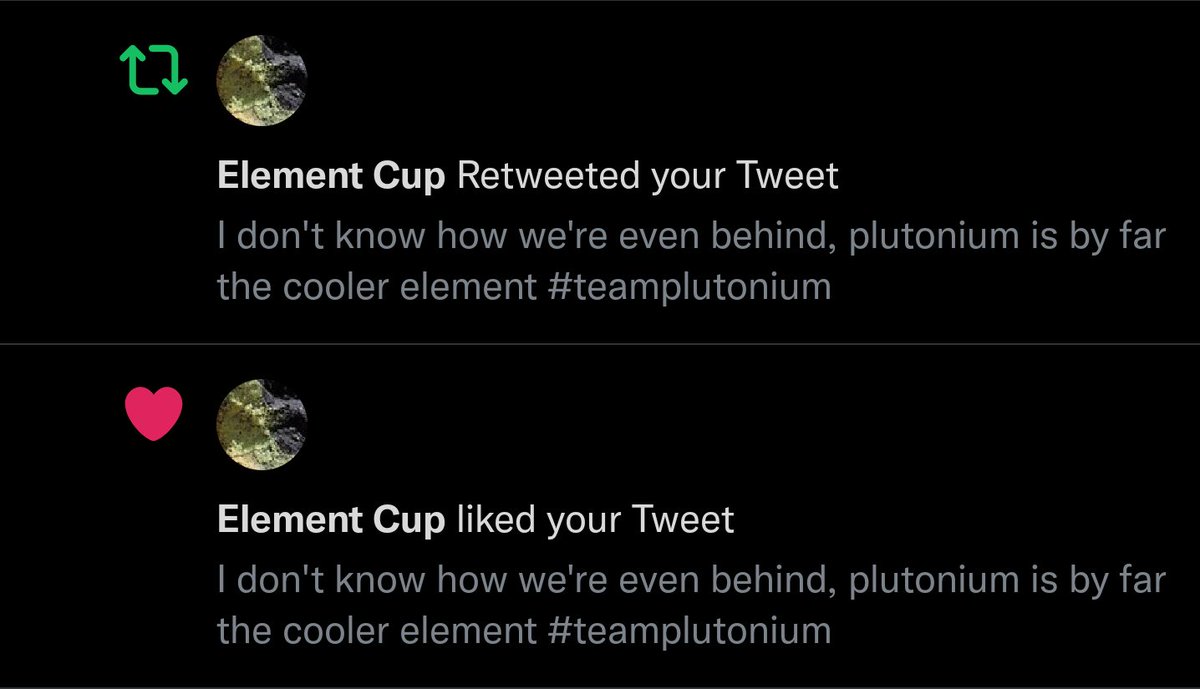 DietrichV10's tweet photo. There's definitely no bias at @ElementCup π
I'm glad you agree with me about plutonium's superiority though π https://t.co/wDrA2KwKUy