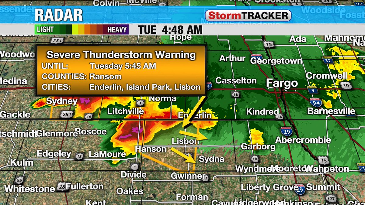 New severe thunderstorm warning for a storm located 7 miles west of Fort Ransom or 26 miles south of Valley City. This storm could produce ping pong ball size hail and winds up to 50 mph. The storm is tracking east-southeast at 20 mph #NDwx