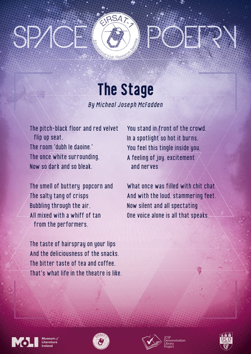 Our next #SpacePoetry poem is 'The Stage' by Michael Joseph from @Falcarraghlib. Very timely as our theatres reopen this week. Great work Michael Joseph 👏👏👏
#EIRSAT1 #Poetry #Creativity #ArtsInEducation