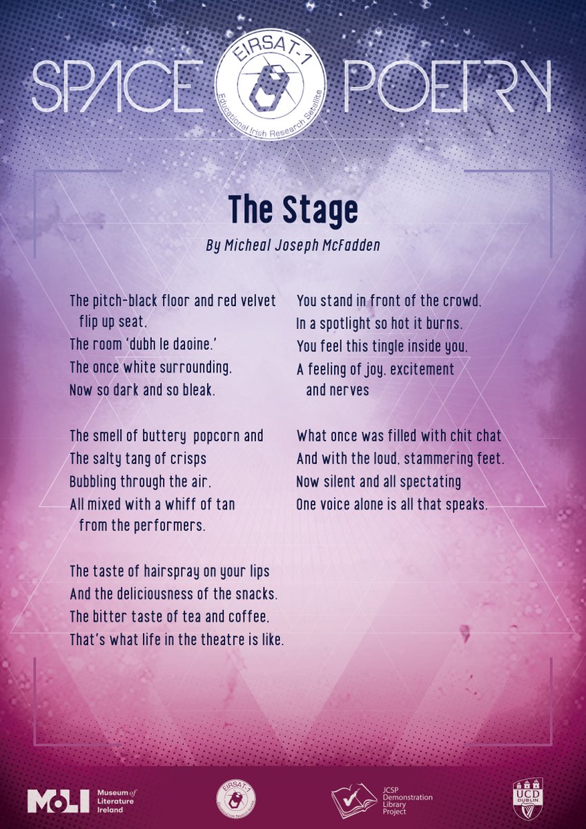 jcsplibraries's tweet photo. Our next #SpacePoetry poem is 'The Stage' by Michael Joseph from @Falcarraghlib. Very timely as our theatres reopen this week. Great work Michael Joseph 👏👏👏
#EIRSAT1 #Poetry #Creativity #ArtsInEducation https://t.co/ah2ydFUPYb