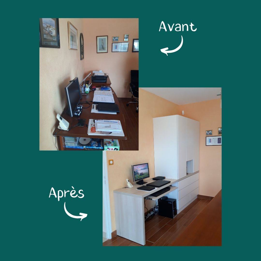 Avant/Après ✅

Bureau d'un client à l’île d’Olonne : tablette clavier, tablette imprimante, tiroirs et goulette sous le bureau pour passer les câbles. 😍