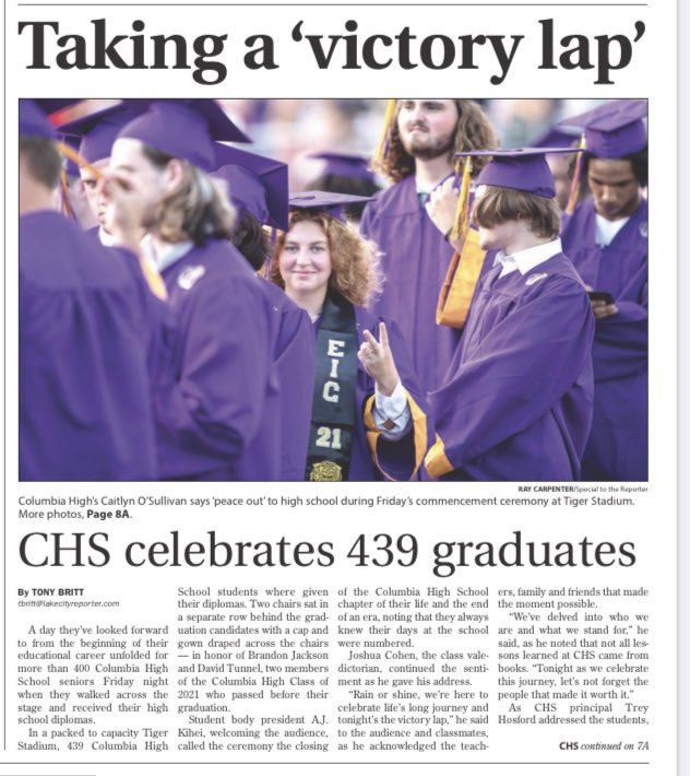 TigerTownCHS's tweet photo. Check out today’s Lake City Reporter (6/8/2021) for graduation coverage and some photos https://t.co/zA58588Vnf