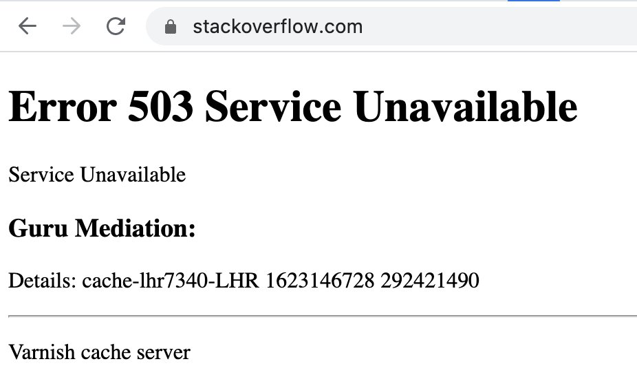 samsterngoogle's tweet photo. @fastly GitHub, StackOverflow, and Twitter are all showing similar 503 errors from a varnish cache server. A quick look at headers shows Fastly headers in all of them. Outage? https://t.co/QNjUZxS0wk