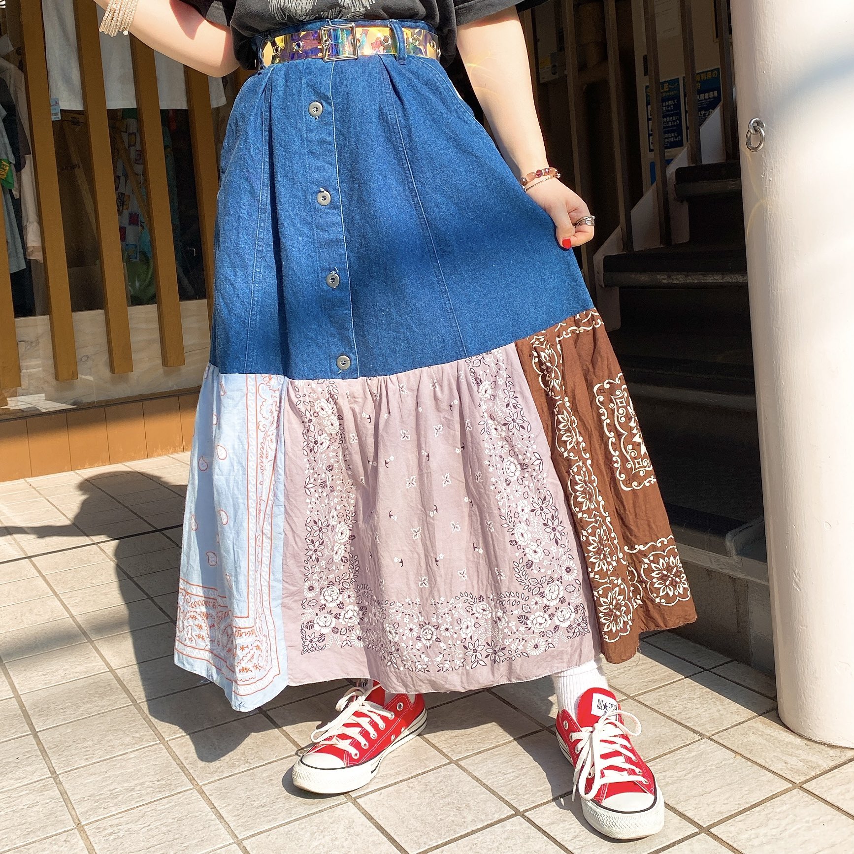 京都 古着屋 パナマボーイ京都店 New Remake Item Remake デニムバンダナスカート 5500 Tax オーロラベルト 1500 Tax Usedのデニムスカートに4枚のusedバンダナをドッキングしたリメイクアイテム T Co Oujclbtiqg Twitter