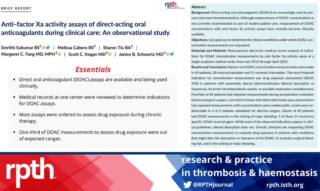 RPTHjournal's tweet photo. In what settings would you use an anti-Factor Xa activity assay to measure #DOAC levels? What are the outcomes of these tests? In this #RPTHBriefReport  @SmrithiSukumar &amp; @JaniceBSchwart1 studied EHR medical records at a single center: https://t.co/DSHSzmjcAT https://t.co/tV2J5UxRBv