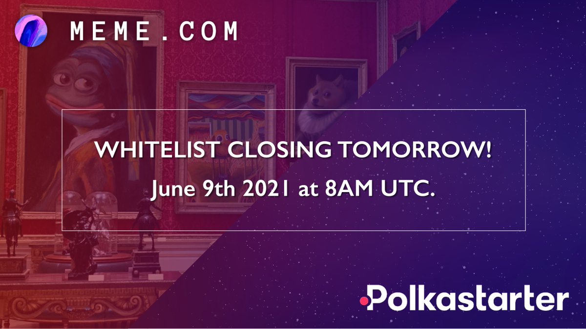 Whitelist for Meme.com IDO is closing in less than 24 hours! 🚨Don't miss out, enter now. 🐸 🐸#MemeExplorers #Whitelist #IDO

bit.ly/34P4Tni

We are giving away 1 whitelist 🔥 retweet to enter the raffle!