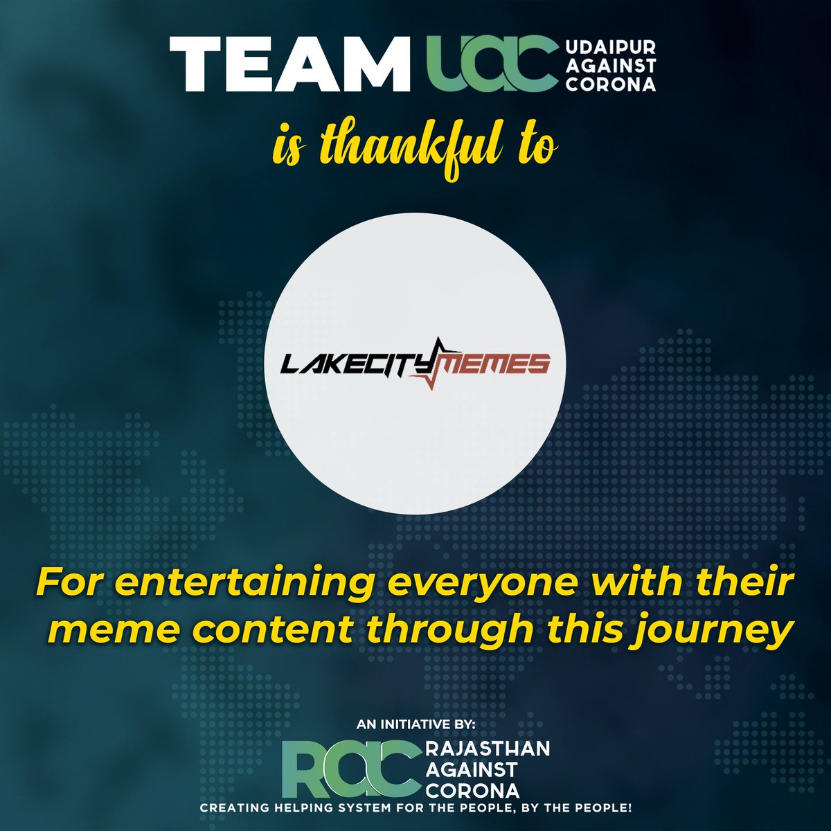 CoronaUdaipur's tweet photo. Team UAC is thankful to Lakecity Memes for entertaining everyone with their meme content through this journey!!
A big shoutout for making us all laugh in tough times.
#teamUAC #UdaipurAgainstCorona #RajasthanAgainstCorona #lakecitymemes #UAC #memes #lakecitymemes #udaipur https://t.co/wFNbexFFcN