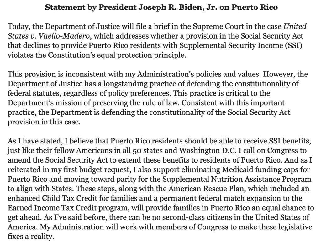 I do not understand how can a President let the DOJ have a practice that is inconsistent with his policy. Nevertheless, his statement on equality for all US citizens on these federal benefits will really help Puerto Rico’s economy.
