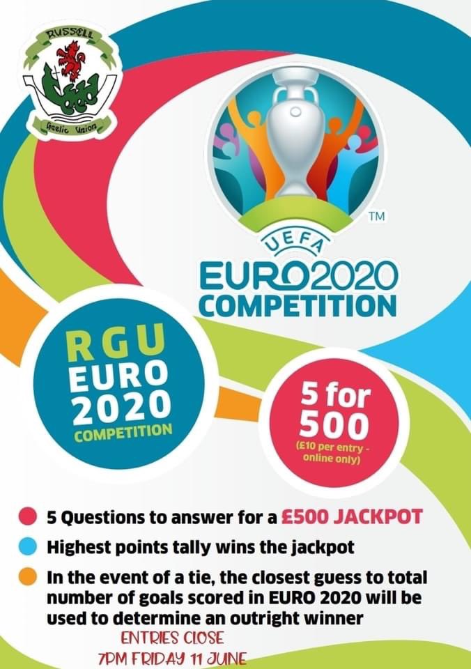 *RGU EURO 2020 competition 5 for 500 (£10 per entry) 
*5 questions to answer for a £500 jackpot 
*Questions to be answered on klubfunder 
*£10 per entry 

LINK NOW OPEN
ENTRIES CLOSE FRIDAY 11 JUNE 7PM

klubfunder.com/Clubs/Russell%…