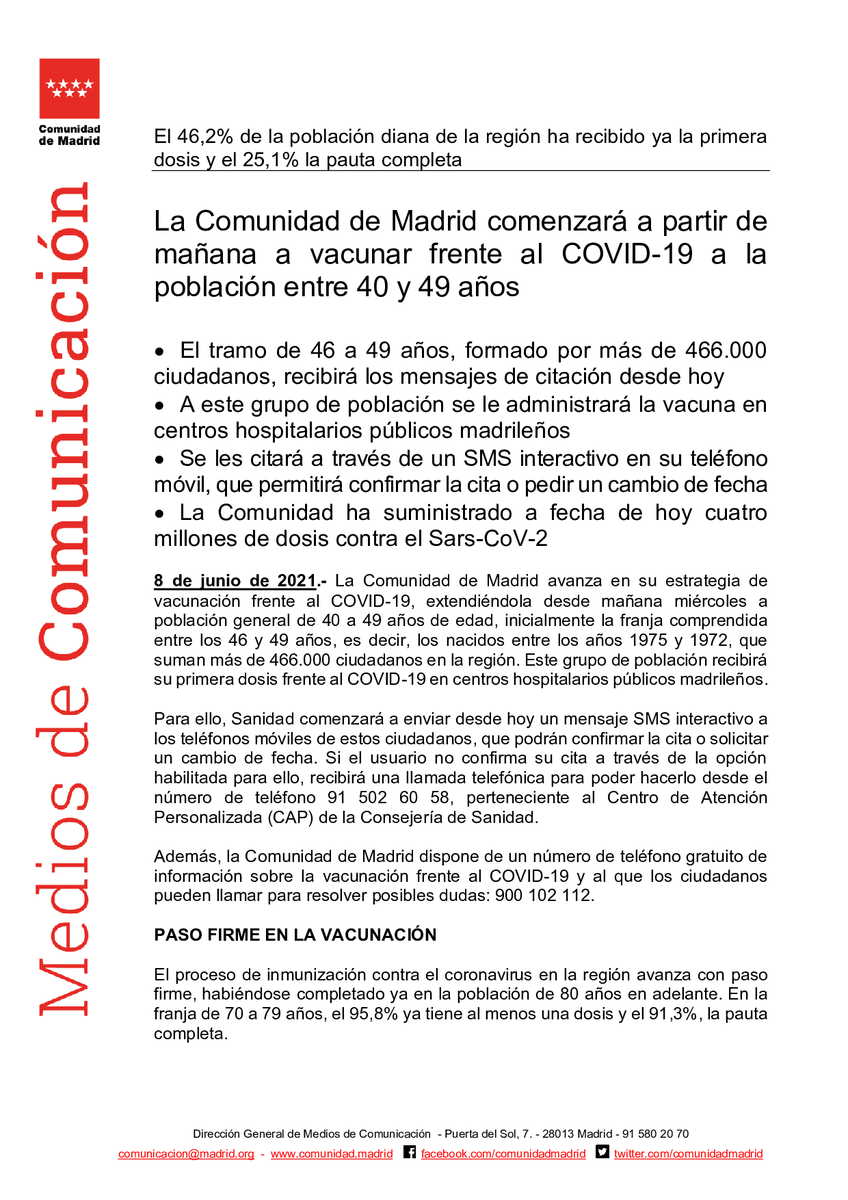 SaludMadrid's tweet photo. La @ComunidadMadrid comenzará a partir de mañana a vacunar frente al #Covid_19 a la población entre 40 y 49 años

#coronavirusmadrid #VacunaCOVID19 https://t.co/lGJcLq2t6U