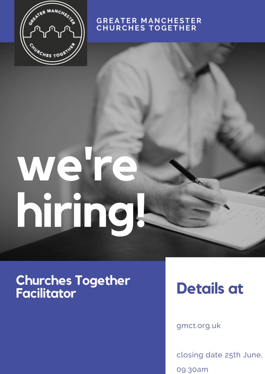We’re hiring! GMCT is searching for a new Churches Together Facilitator, part time 22.5 hours per week. Closing date 25th June, 09.30am. More details at gmct.org.uk - please share!