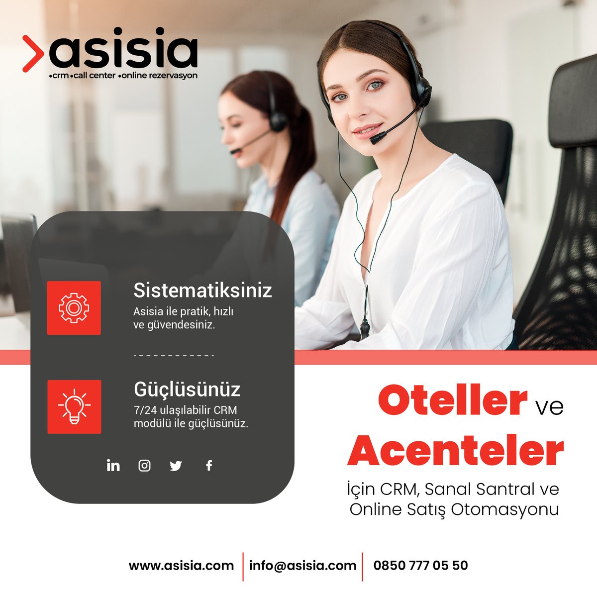Oteller ve Acenteler İçin Dijital Çağrı Merkezi 📞

(☎) : 0850 777 05 50
(📩) : info@asisia.com 
(💻) : asisia.com
.
#asisia #crm #rezervasyon #otel #konaklama #acente #telefon #callcenter #mytimeglobal #antalya #network #entegrasyon #satış #çağrımerkezi #çağrı #b2b